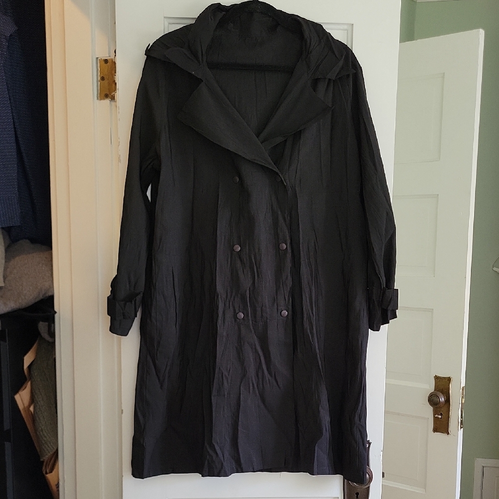 Babette Crinkle Black Double-Breasted Trench Coat With Hood - XS